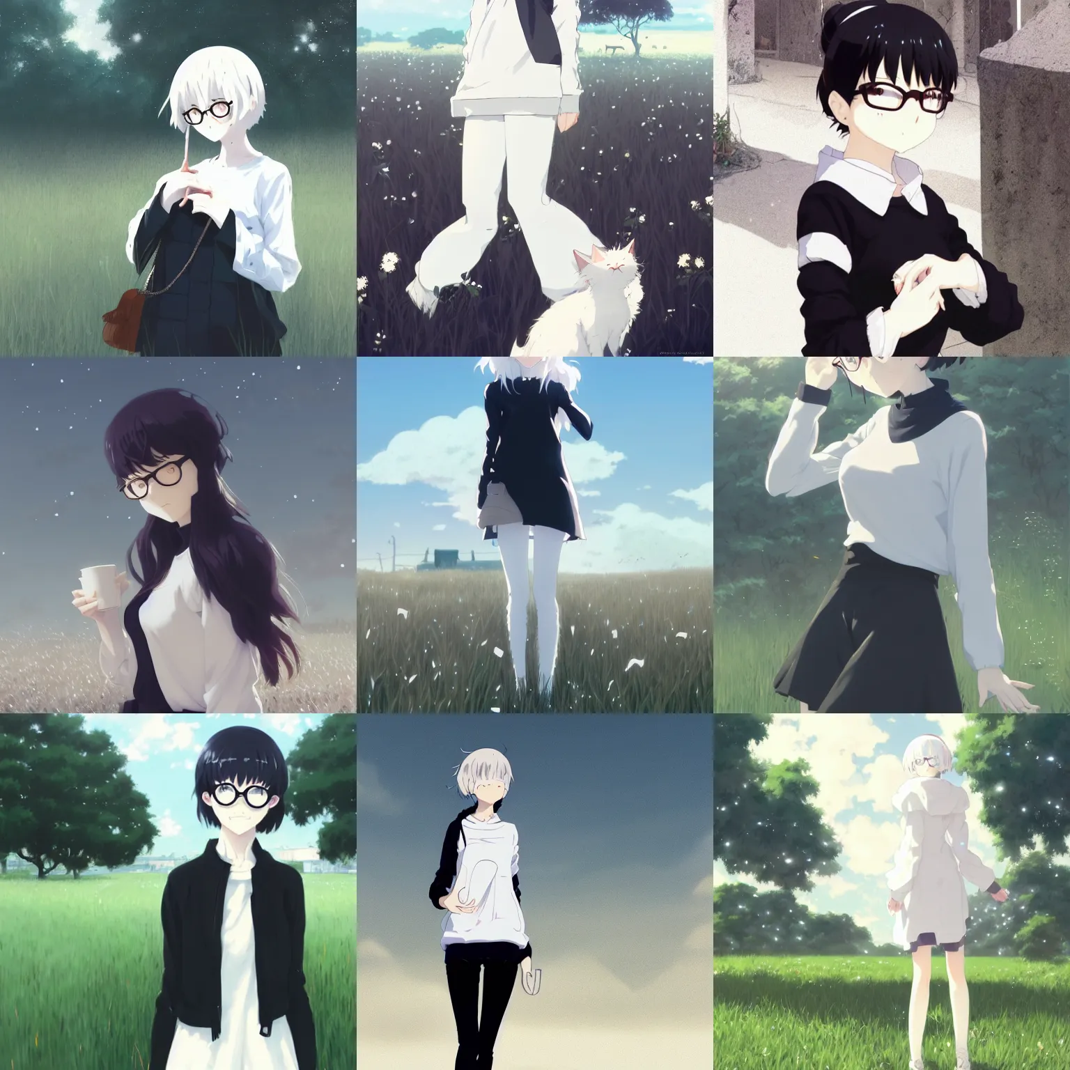 Prompt: cute girl in black sweater white white pale hair white white pale hair white white pale hair black glasses standing full body field background by greg rutkowski makoto shinkai kyoto animation key art feminine wlop smile cat cat cat in hands