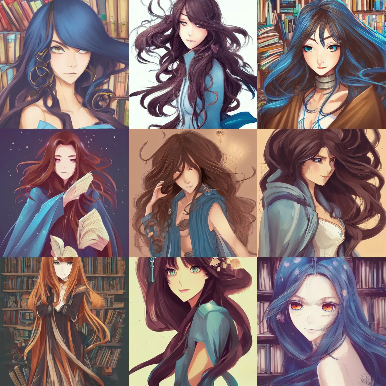 Prompt: “A detailed beautiful anime woman with brown flowing hair, long blue cape, surrounded by a catacomb of books, trending on artstation, by rossdraws”