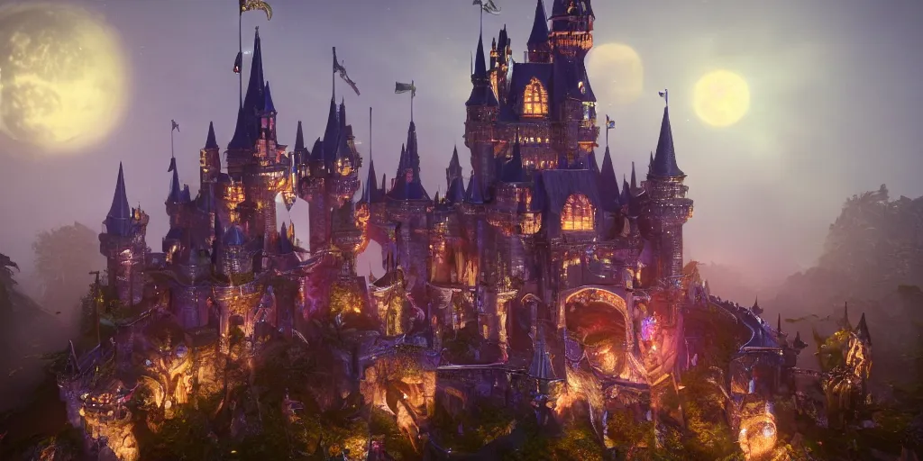 Image similar to a glittering fantasy castle at night, extremely detailed, Behrens style, unreal 5 render, fantasy digital art, octane render, beautiful composition, trending on artstation, award-winning photograph, masterpiece