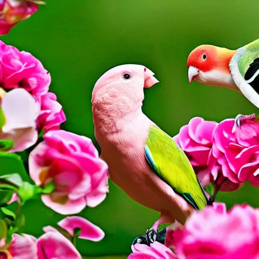 Image similar to a pink and white rosy - faced lovebird eating a old man in a flower garden on a cloudy day. photograph
