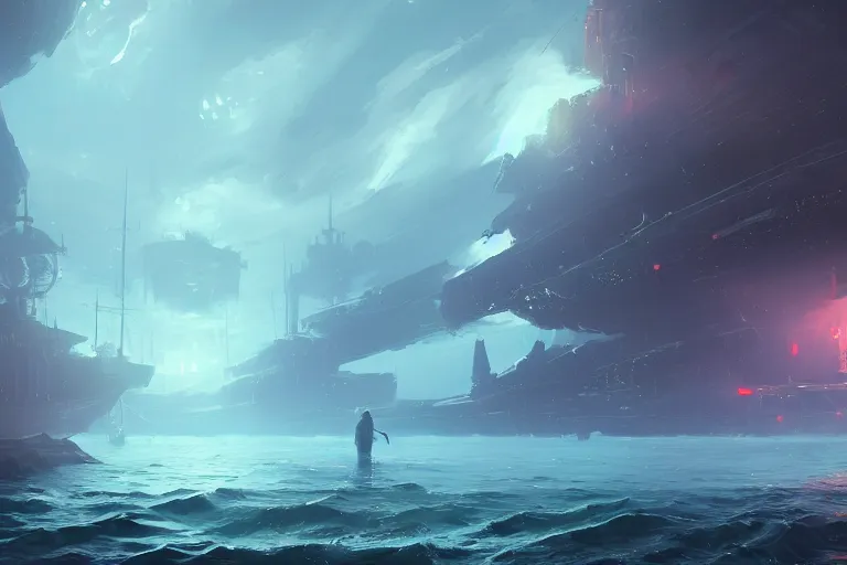 Prompt: All steam ahead, exploring the mysterious sea of the Metaverse full of glowing dangers, digital art, dark atmosphere by Marby Kwong, (((((((Makoto Shinkai Raphael Lacoste Martin Deschambault Finnian MacManus ArtStationhq IAMAG