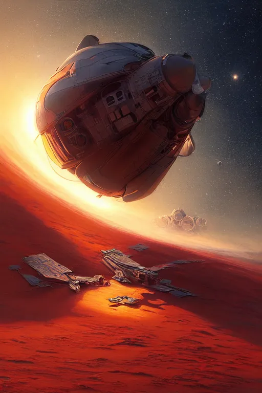 Prompt: space ship arriving in a red planet, detailed, 8 k, trending on artstation, smooth, sharp focus artwork by mark arian, artgerm, mark keathley, greg rutkowski and alphonse mucha