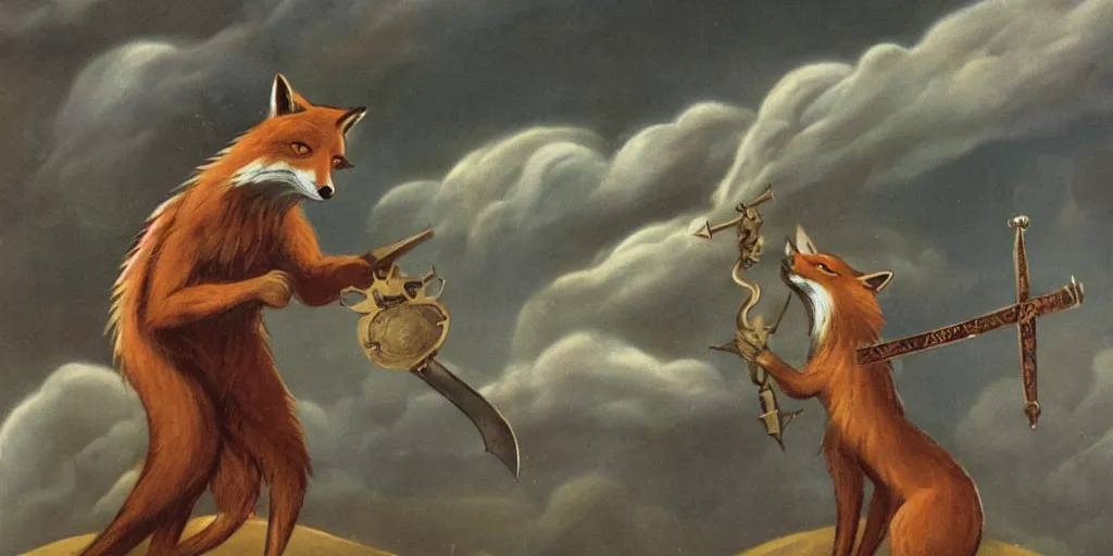 Image similar to anthropomorphic fox who is a medieval knight pointing a sword towards a stormy thundercloud 1 9 3 0 s film still, ladislas starevich