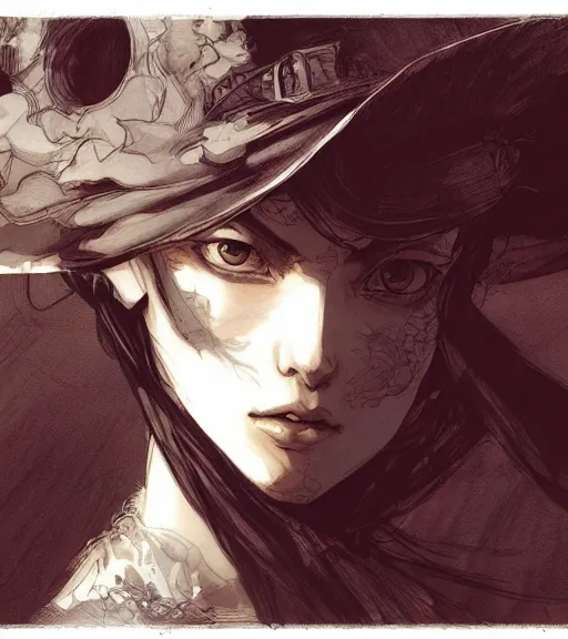 Image similar to portrait of anime woman wearing witch hat, pen and ink, intricate line drawings, by craig mullins, ruan jia, kentaro miura, greg rutkowski, loundraw