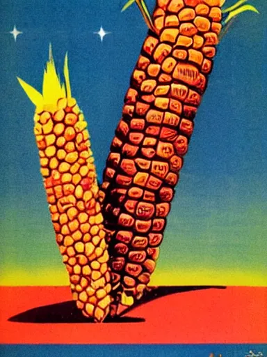 Prompt: a 1960s soviet propaganda poster about the dangers of corn monsters