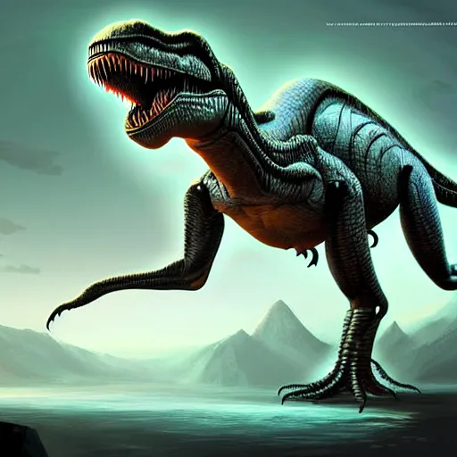 Image similar to ophidien alien taking the form of a t-rex, digital art, sco-fi art, matte painting, award-winning