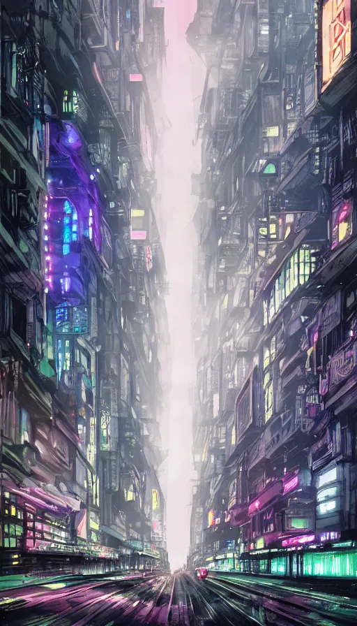 Image similar to blade runner style dystopian mega city street, lower levels with towering buildings reaching up to the clouds, viewed from street level looking up at neon sci - fi signs and lights, matt cook illustrator war artist, syd mead concept art, doug chiang concept drawings, ink drawing, ink illustration, colour ink with dark contrasted shadows, pink green and blue lights