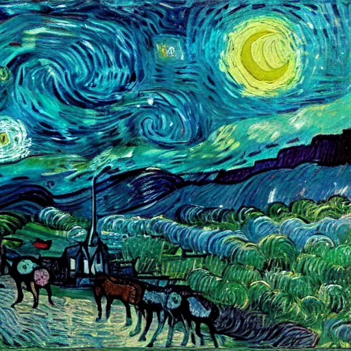 Prompt: Moonlight horses by van gogh