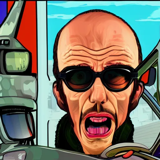 Prompt: upset delusional trippy conspiracy theorist person illustrated in the style of a GTA V poster, detailed, closeup