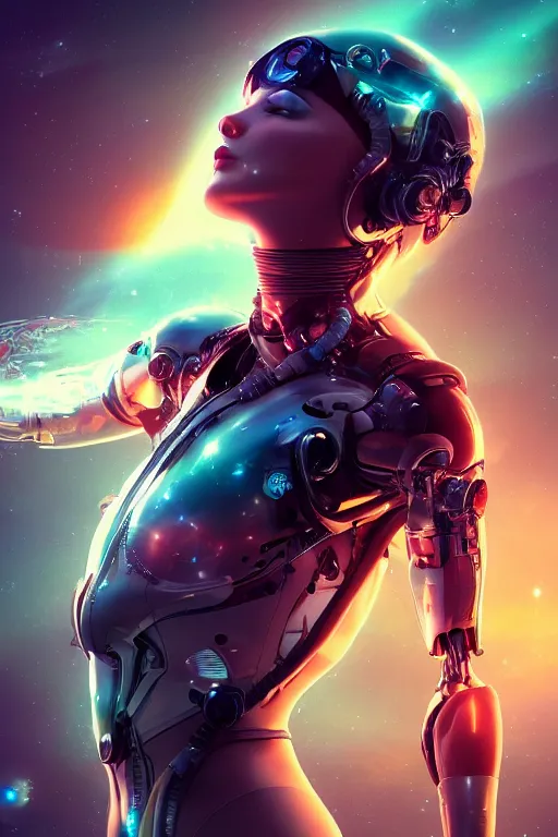 Image similar to woman cyborg floating in space letting go of reality and experiencing the quantum feild, matte painting comic book art, cinematic, highly detailed, realistic, beautiful cosmic neural network, octane render, unreal engine, depth of field, trending on artstation, sharp focus, philosophical splashes of colors