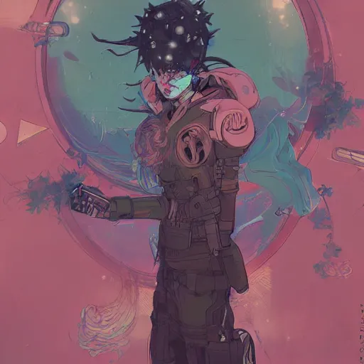 Image similar to very very high - angle, a grungy cyberpunk anime, very cute, by super ss, cyberpunk fashion, curly pink hair, night sky by wlop, james jean, victo ngai, highly detailed