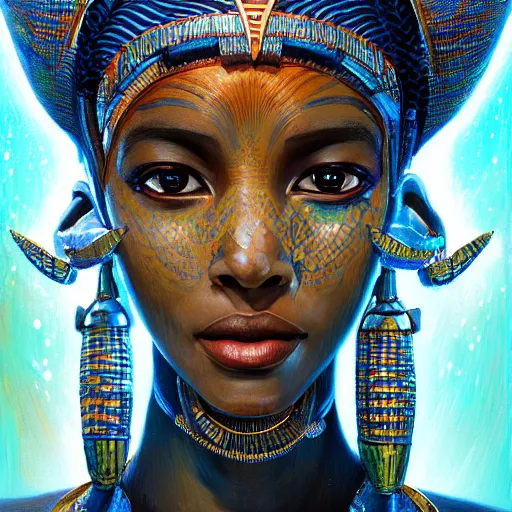 Image similar to highly detailed portrait of an african egyptian goddess, intricate alien technology, stephen bliss, unreal engine, fantasy art by greg rutkowski, loish, rhads, ferdinand knab, makoto shinkai and lois van baarle, ilya kuvshinov, rossdraws, tom bagshaw, global illumination, radiant light, detailed and intricate environment