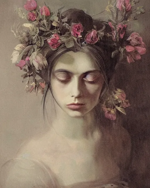 Prompt: a beautiful and eerie baroque painting of a beautiful but serious woman in layers of fear, with haunted eyes and dark hair piled on her head, 1 9 7 0 s, seventies, floral wallpaper, wilted flowers, morning light showing injuries, delicate ex embellishments, painterly, offset printing technique