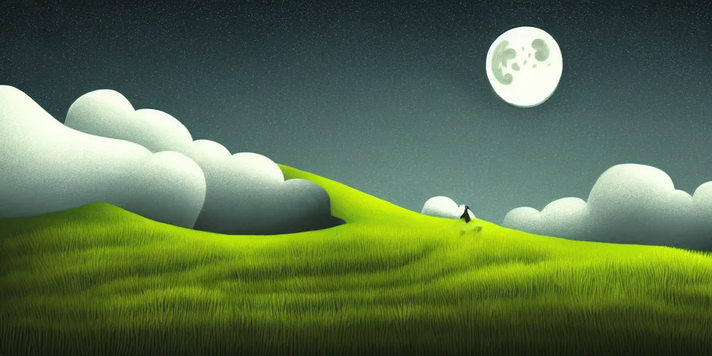 Prompt: dark, nightly, spiral, naive nerikomi, weird perspective, extra narrow, detailed illustration, lit by flashlight, grass field, mountainous terrain, chubby curled clouds, volumetric lighting, concave crescent moon