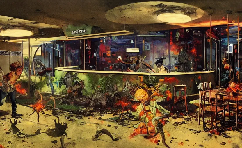 Prompt: abandoned taco bell overgrown with nature serving zombies. highly detailed science fiction painting by norman rockwell, frank frazetta, and syd mead. rich colors, high contrast, gloomy atmosphere, dark background. trending on artstation