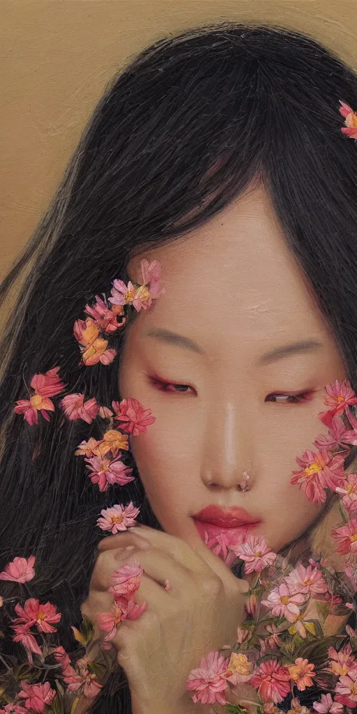 Image similar to very beautiful highly detailed and expressive oil painting of an asian woman's face dissolving into petals and flowers, masterpiece, dynamic lighting, intricate linework, 8 k, flowers