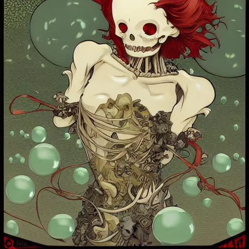 Image similar to anime manga skull portrait girl female skeleton holding balloon clouds in background illustration detailed patterns art Geof Darrow and Phil hale and Ashley wood and Ilya repin alphonse mucha pop art nouveau