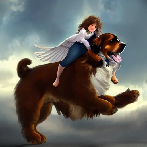 Image similar to an angel riding a giant Bernese mountain dog in heaven, trending on artstation