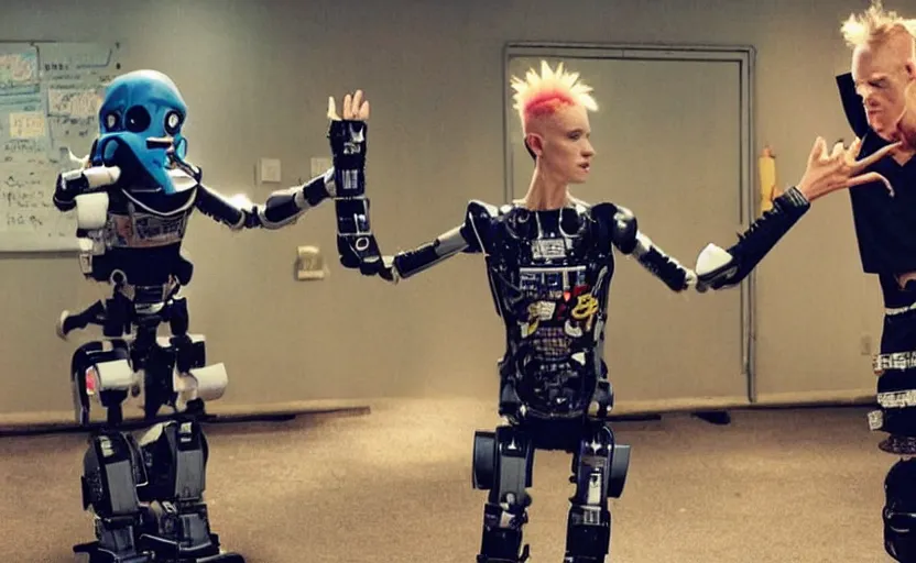 Image similar to Ninja Jones from die antwoord teaching chappie the robot how to dance in a world without any love left