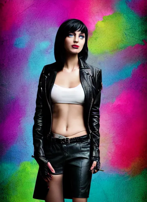 Image similar to a photo of 8 k ultra realistic a black haired female in high heels and a black leather jacket, pink, purple, green, yelow, red, blue, white neon, art by lise deharme