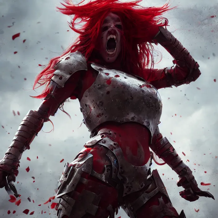 Image similar to a girl with a long red hair wearing a full-body red plate armor screaming in a battlefield, horror picture, hyperrealistic, concept art, octane render, unreal engine 5, 8K HDR, highly detailed, high quality, fantasy armor