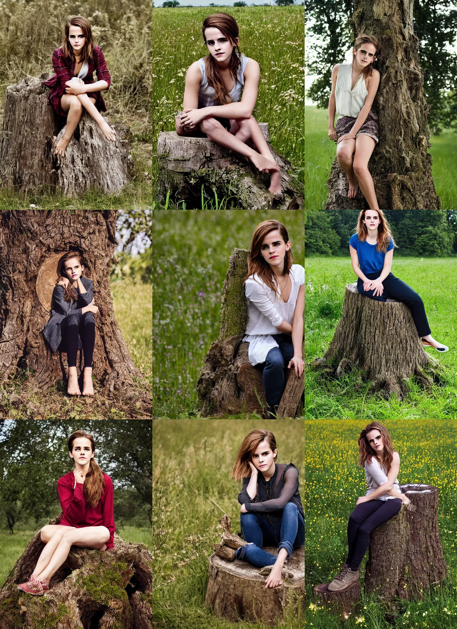 Prompt: upper body portrait of emma watson sitting on a tree stump in a field,
