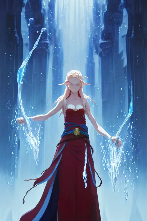 Image similar to elf female sorcerer doing water magic spells, blue robes, red hair, finely detailed perfect face, exquisite details, mid view, design on a white background, by studio muti, greg rutkowski makoto shinkai takashi takeuchi studio ghibli