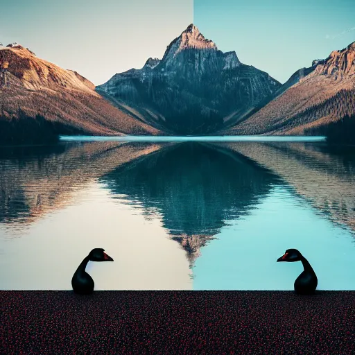 Image similar to photo of two black swans swimming in a beautiful reflective mountain lake, touching heads, forming a heart with their necks, a colorful hot air balloon is flying above the swans, hot air balloon, intricate, portrait, 8k highly professionally detailed, HDR, CGsociety, octane render, 4k