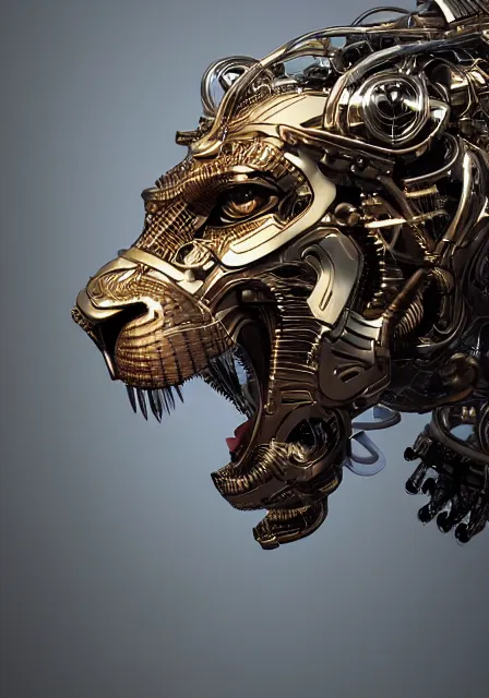 Image similar to complex 3 d render hyper detail portrait of a mechanical lion cyborg, sci fi, full body, intricate, art by kazuhiko nakamura and hajime sorayama, 8 k octane detailed render, post - processing, extremely hyperdetailed, intricate futuristic mechanic parts, maya, dark background, sharp focus, blender, cinematic lighting + masterpiece, trending on artstation