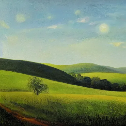 Prompt: A painting of a landscape, with rolling hills, green fields, and a blue sky, in a pastoral style.