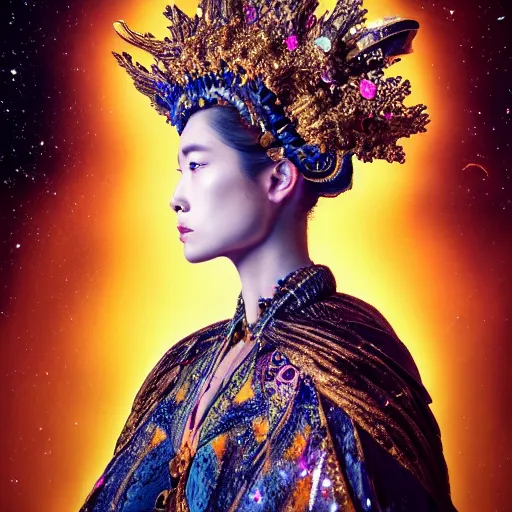 Image similar to a beautiful empress portrait, with a brilliant, impossible striking big cosmic galaxy headpiece, clothes entirely made out of cosmos chaos energy, symmetrical, dramatic studio lighting, rococo, baroque, jewels, asian, hyperrealism, closeup, D&D, fantasy, intricate, elegant, highly detailed, digital painting, artstation, octane render, 8k, concept art, matte, sharp focus, illustration, art by Artgerm and Greg Rutkowski and Alphonse Mucha