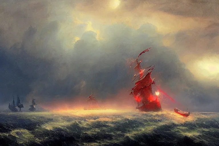 Prompt: A beautiful matte painting of huge alien spaceship attacking with powerful red lasers a Sailship in ocean in thunderstorm by Greg Rutkowski and Ivan aivazovsky