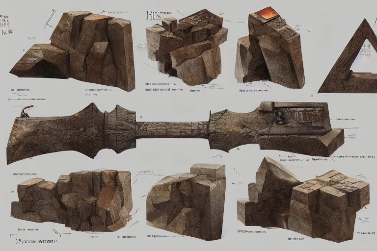 Image similar to schematic diagram of axes, dwarven, materials, built, book, page, detailed, cross section, trending on artstation, cgsociety, Ralph McQuarrie and Greg Rutkowski