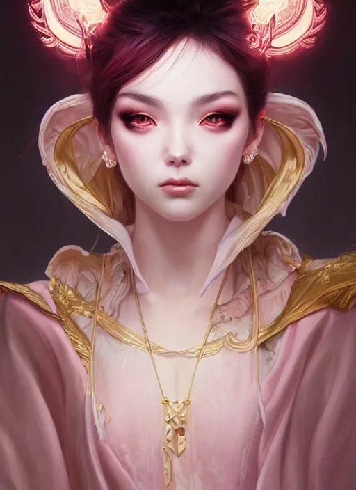 Image similar to dreamlike luxury stunning devil portrait, pale pink and gold kimono, art by artgerm, wlop, loish, ilya kuvshinov, 8 k realistic, hyperdetailed, beautiful lighting, detailed background, depth of field, symmetrical face, frostbite 3 engine, cryengine,