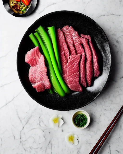 Image similar to realistic photo of delicious yakiniku, bowl, white kitchen table, cloth, marble, highly detailed, by louise lister, sara ali, mary devinat, kailee mandel, masterpiece, award winning, food photography