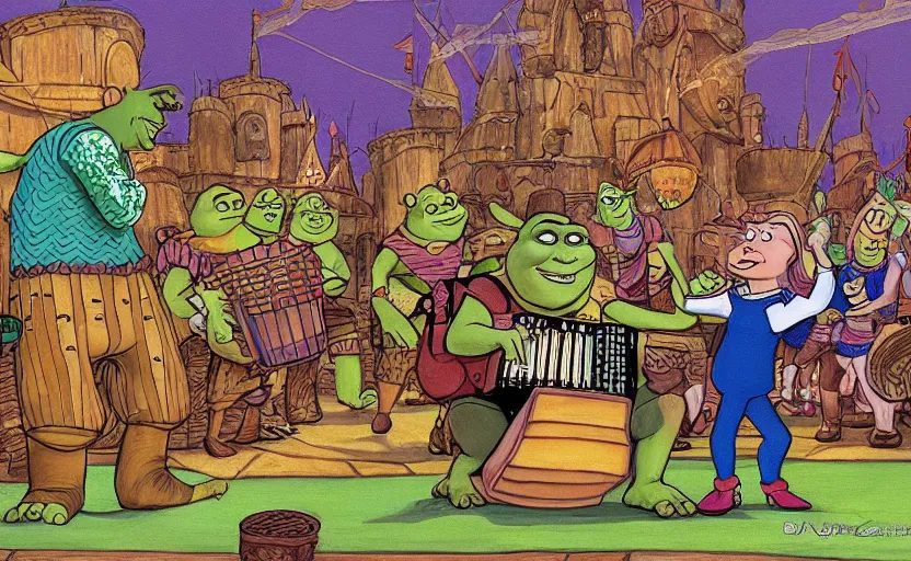 Image similar to shrek competes with spongebob in an accordion contest, highly details, by moebius, digital painting