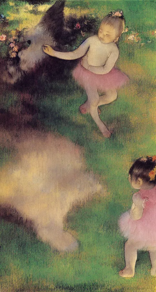 Prompt: oil painting of a Japanese baby girl crawling in a fancy garden, unicorn and fairy around, sunny day, art by Edgar Degas