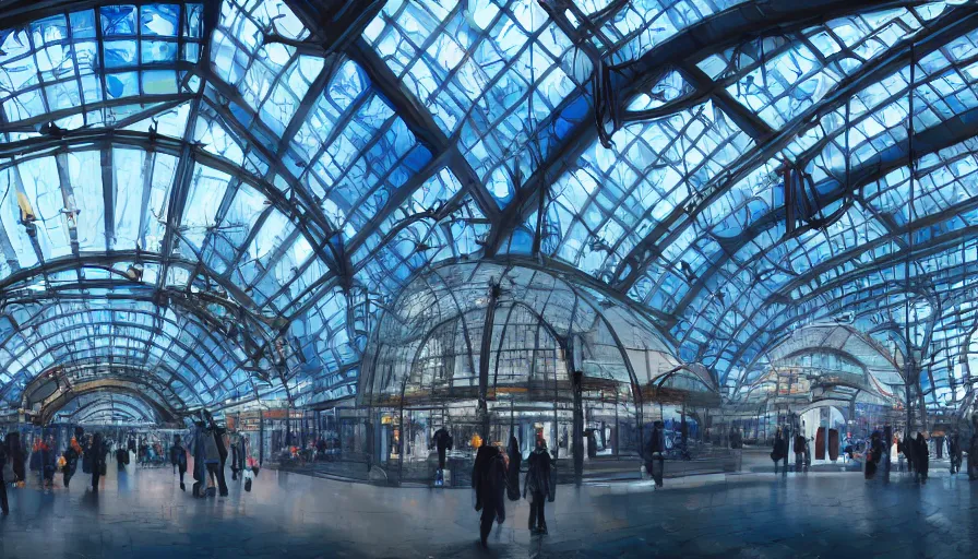 Prompt: glass train station in liege with blue lights, glass dome on the top, crowded square, trains, hyperdetailed, artstation, cgsociety, 8 k