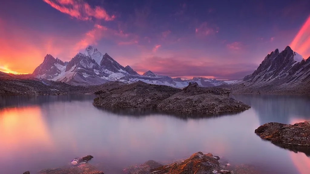 Image similar to amazing landscape photo of mountains with lake in sunset by marc adamus, beautiful dramatic lighting