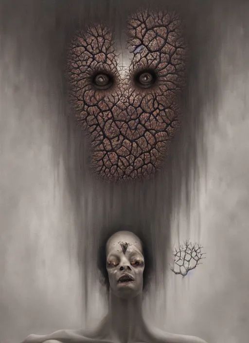 Prompt: dramatic matte portrait painting of woman with black mandelbrot fractal instead of face, in style of zdzisław beksinski, horror, body horror, dark art, 4 k, detailed, realistic, psychotic, insane, crazy, mental illness, dramatic,