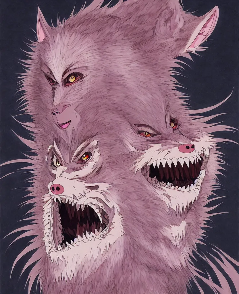 Image similar to beautiful painting from the anime film by studio ghibli, pink anthropomorphic werewolf human hybrid, drooling teeth bared, fur, trending on artstation, by raqib shaw and MC Escher