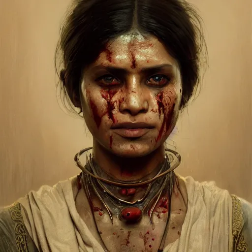 Prompt: portrait painting of a bloodied north bengali female butcher, ultra realistic, concept art, intricate details, eerie, highly detailed, photorealistic, octane render, 8 k, unreal engine. art by artgerm and greg rutkowski and alphonse mucha