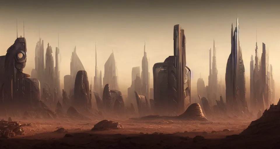 Image similar to cinematic shot, futuristic city on the mars with towers made of stacked disks, utopian, digital painting, artstation, concept art, smooth, sharp focus, illustration, intricate, elegant, highly detailed, in the style of greg rutkowski and alphonse mucha and artemisia, 8 k, highly detailed, jurgens, rutkowski