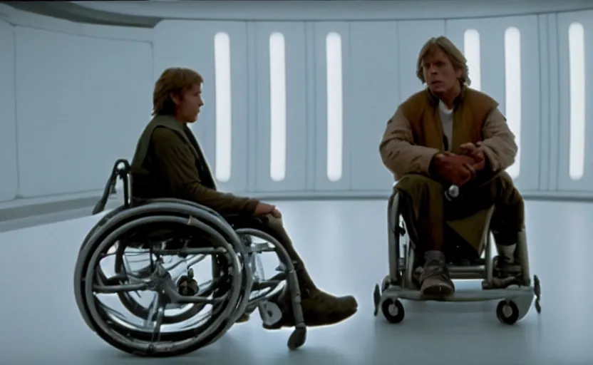 Image similar to cinematic still image screenshot luke skywalker in cybernetic wheel chair, from the tv show on disney + anamorphic lens, 3 5 mm film kodak from empire strikes back 1 9 8 3