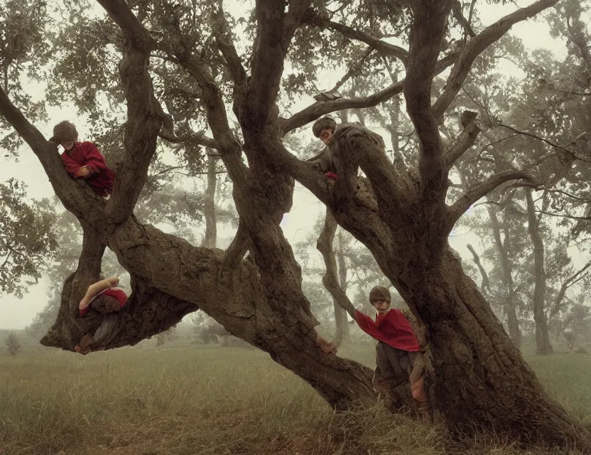 Prompt: two peasant boys climbing a tree, country style, Low angle view, Cottage core, Cinematic focus, Polaroid photo, vintage, neutral colors, soft lights, foggy, by Steve Hanks, by Serov Valentin, by lisa yuskavage, by Andrei Tarkovsky, by Terrence Malick, 8k render, detailed, oil on canvas High angle view, wide shot