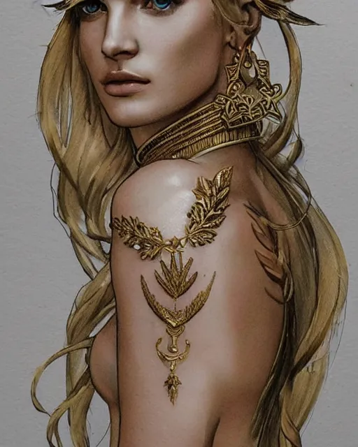 Prompt: tattoo sketch of beautiful super model aphrodite greek goddess wearing a gold laurel wreath and triangle earrings, beautiful piercing gaze with sharp pupils, beautiful blonde hair, in the style of greg rutkowski, fantasy, amazing detail, epic, elegant, smooth, sharp focus, front view