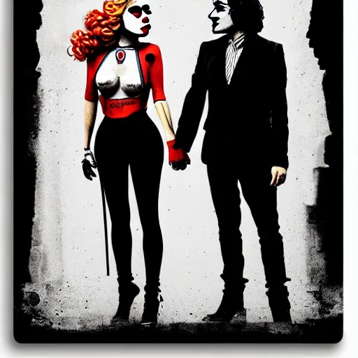 Image similar to mimmo rottela and banksy as joaquin phoenix skinny joker holding hand lady gaga harley queen, ultra realistic, intricate details, pop art style, concept art, 3 colors, 4 k, smooth, sharp focus