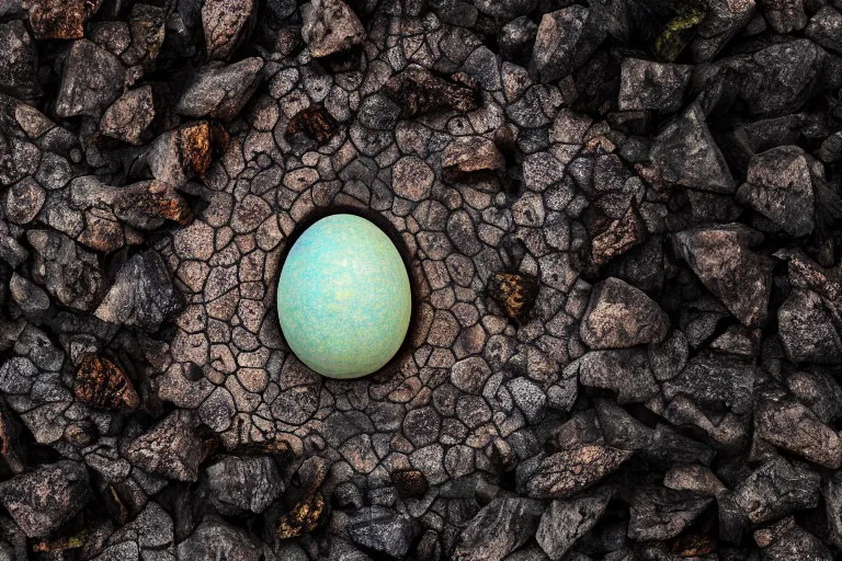 Image similar to a scaly dragon egg made from opalescent coal and molten lava, on a carved stone floor against a forest background photorealistic, dlsr, octane render, 8 k, cinematic lighting