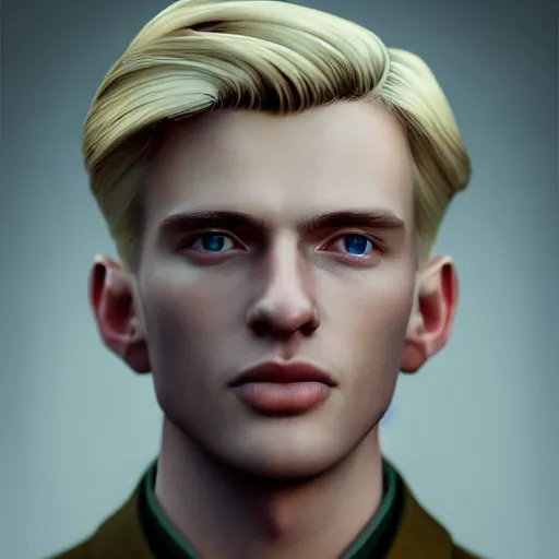 Image similar to A videogame portrait of a blond young Irish man with high cheekbones. Good bone structure. Dressed in 1940s style. Highly detailed, fine Art, high detail, great lighting, 8k resolution, masterpiece, concept art, illustration, clear eyes, painting oil on canvas, octane render, HDR, trending on artstation, 4k, 8k, HD