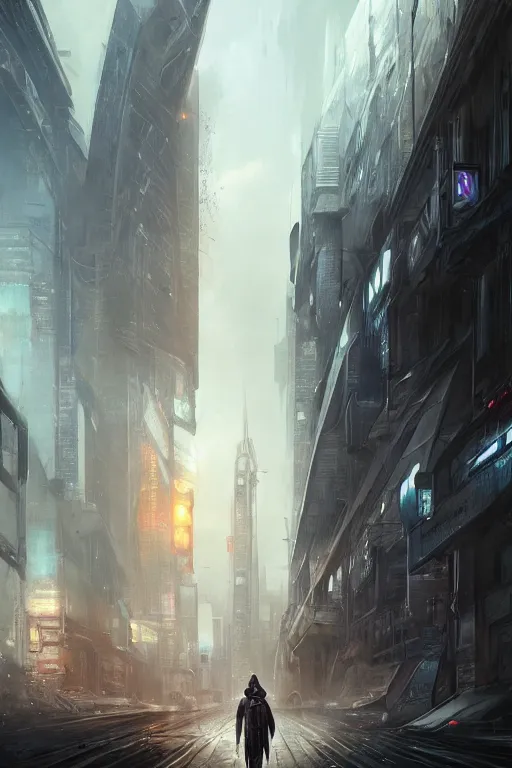 Prompt: ultra-detailed painting of a brooding superhero walking through the futuristic alien city, highly detailed, digital painting, artstation, concept art, smooth, surrounded by a futuristic fantasy background, sharp focus, illustration, art, masterpiece by greg rutkowski and stephan martiniere